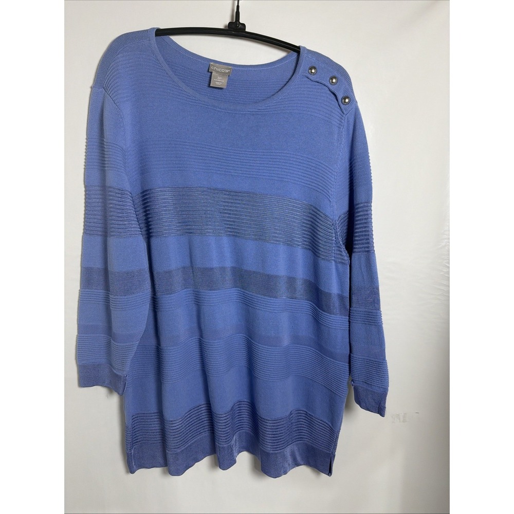 CHICO'S  Size X Large 3P Ribbed Top  3/4 Sleeve 2 Toned Blue Woman's Casual